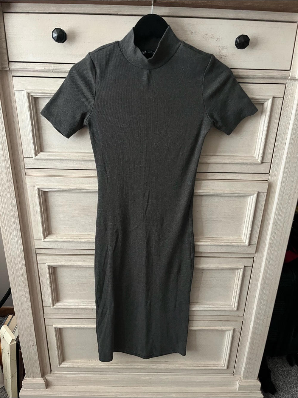 Zara Charcoal Mock Neck Short-Sleeve Midi Dress